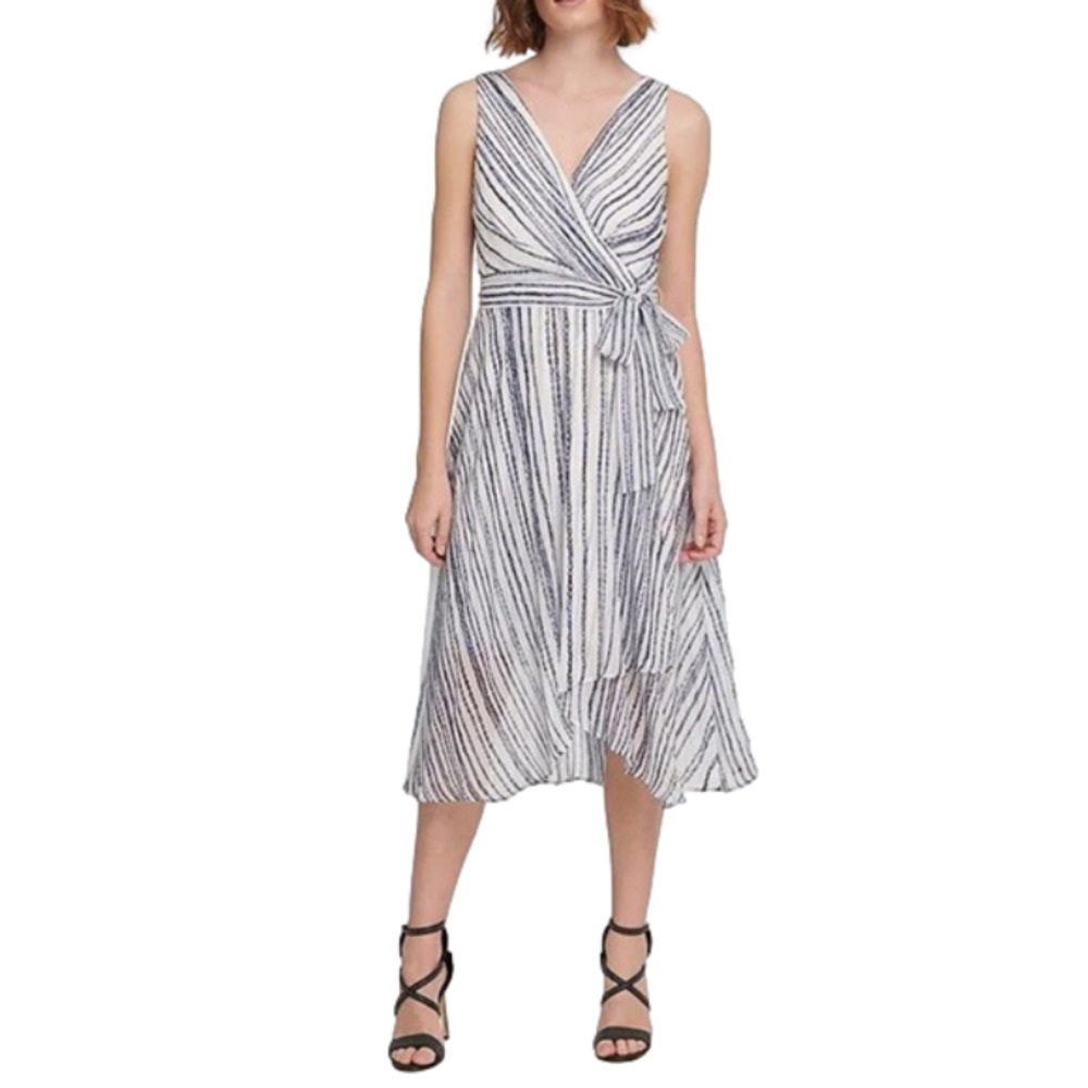Dkny Surplice V-Neck Sleeveless Striped Chiffon Faux Wrap Midi Dress Size 10